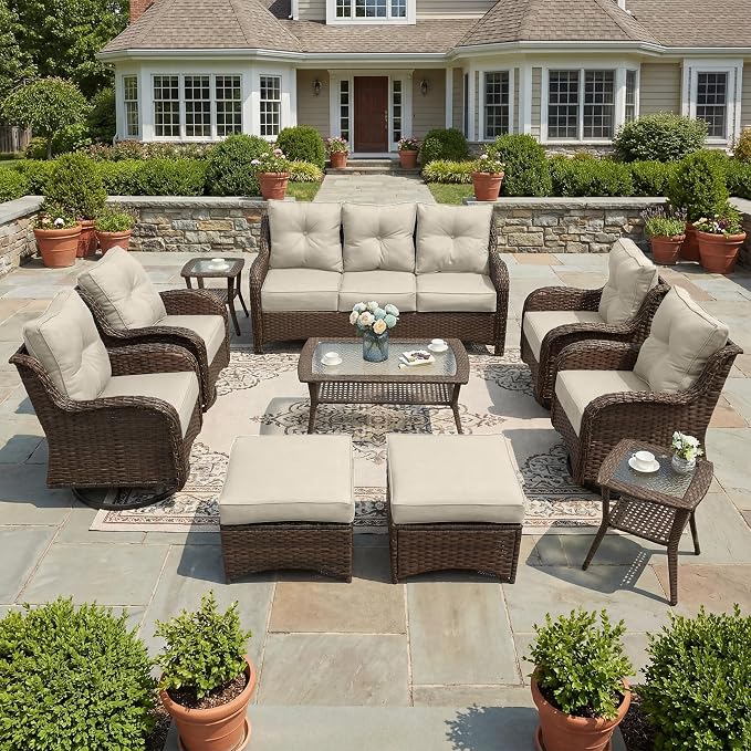 Luxury Patio Conversation Set, 10-Piece Ergonomic High Back Wicker Sofa&Swivel Chair Set with 6-Inch Deep Seating Cushions, Large Patio Furniture Set for Garden, Deck & Balcony, Beige