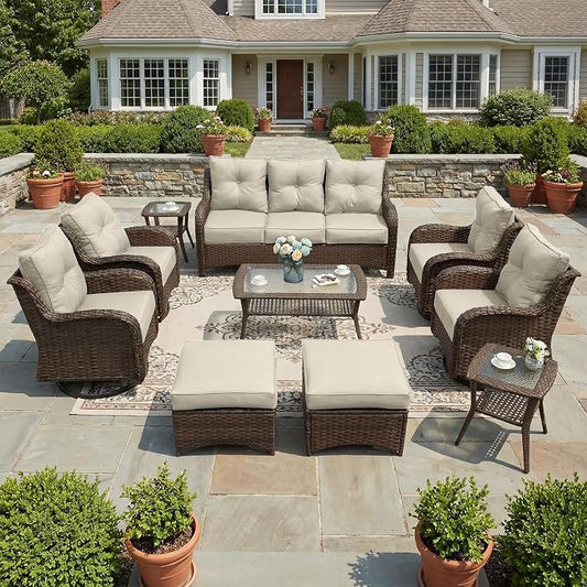Luxury Patio Conversation Set, 10-Piece Ergonomic High Back Wicker Sofa&Swivel Chair Set with 6-Inch Deep Seating Cushions, Large Patio Furniture Set for Garden, Deck & Balcony, Beige