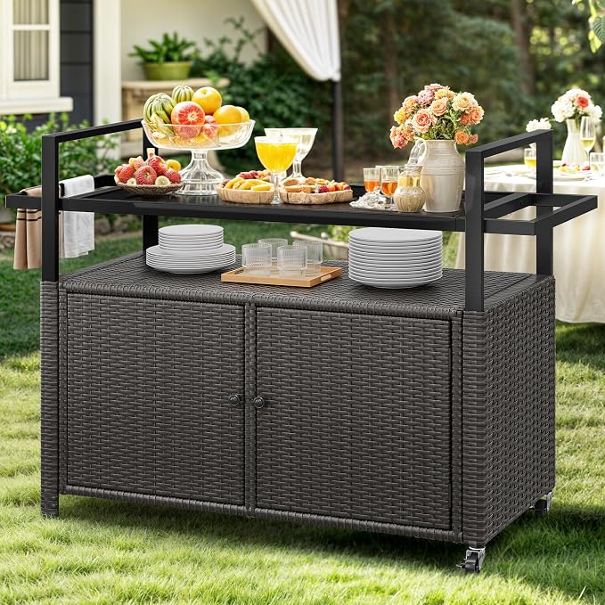 YITAHOME XL Outdoor Storage Cabinet, Outdoor Storage Cart with Wheels and Black Glass Table Top for Patio, Outdoor Cabinet for Poolside and Backyard (Dark Brown)