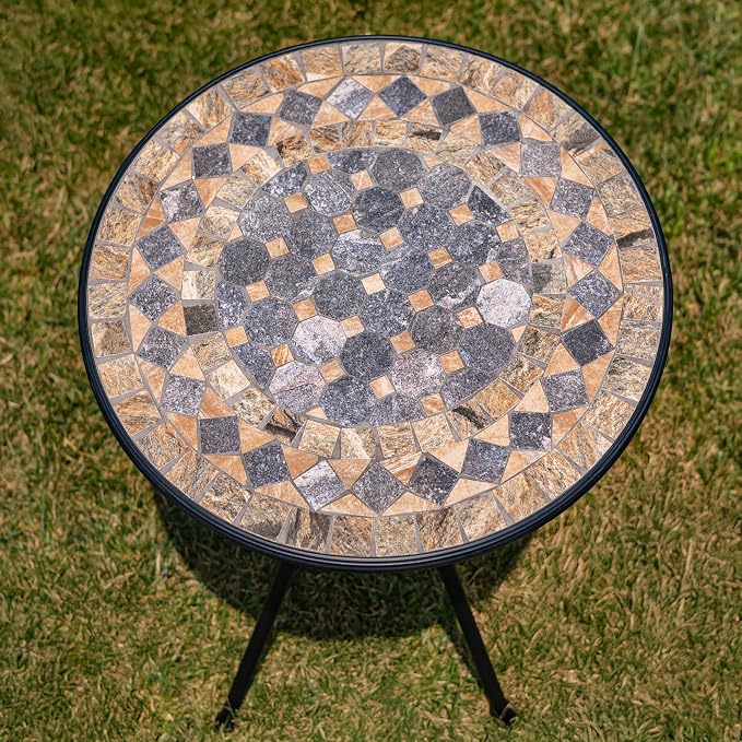 Zaer Ltd. Mosaic Tile Furniture with Black Metal Frame and Patterned Tile Tops (Medora - Black/Stone/Gray, Bistro Set (2 Chairs, 1 Table))