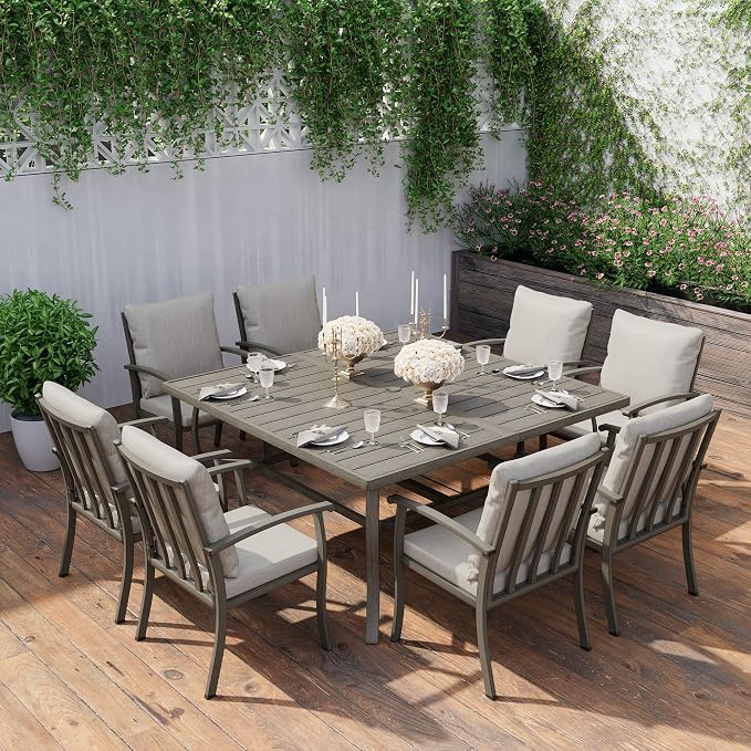 HAPPATIO Square Outdoor Dining Table, 59" Large Aluminum 8 Person Table with Umbrella Hole, All-Weather Aluminum Frame for Deck Lawn Garden Backyard Balcony Deck,