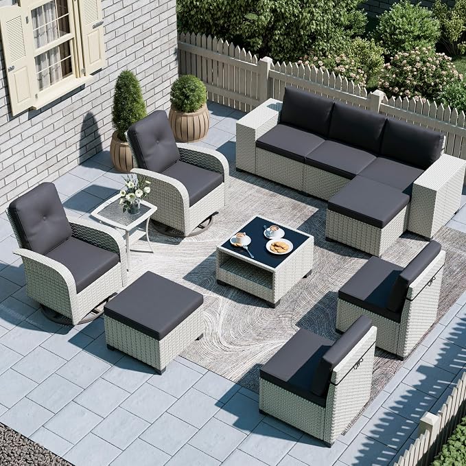 11-Piece Outdoor Patio Furniture Set, Modular Sectional Sofa Set with Swivel Rocker Chairs & Ottomans, Wicker Outdoor Couch Conversation Sets w/Coffee Table and Cushions, Black