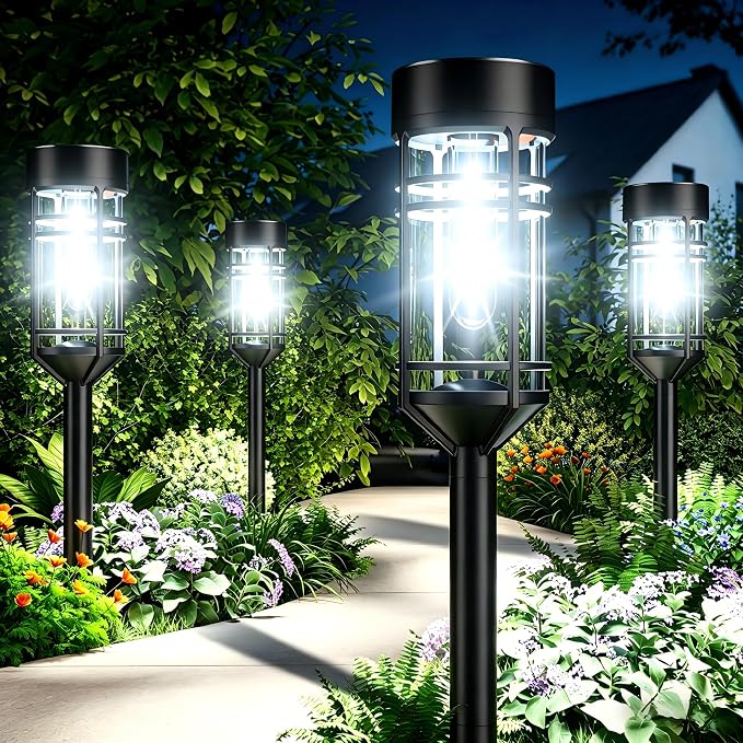 Amzarp 12 Pack Solar Garden Lights, Bright LED Solar Pathway Lights Outdoor IP65 Waterproof Rugged Shatterproof Auto On/Off for Landscape Garden Yard Walkway Driveway Lawn Lighting (6500K Cool White)