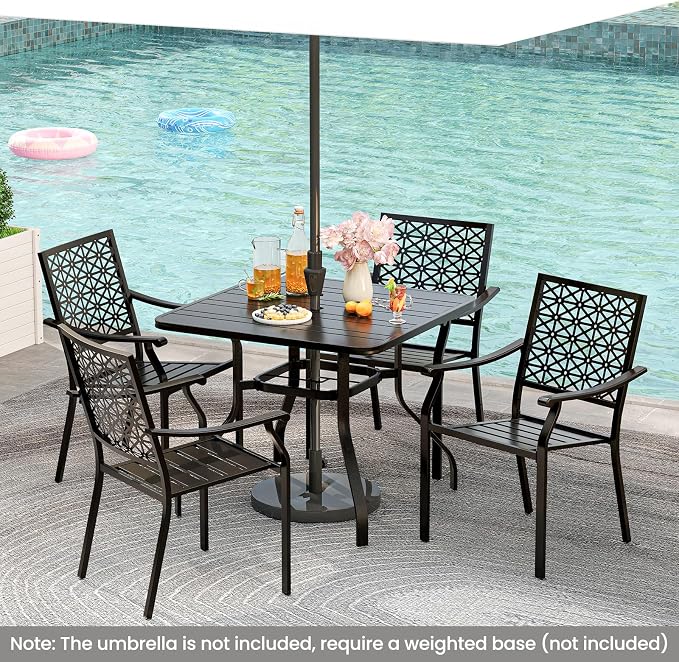 Tangkula 37” Outdoor Dining Table for 4, Square Patio Bistro Dining Table with 1.57” Umbrella Hole and Metal Frame, Outdoor Patio Table for Balcony, Garden and Backyard