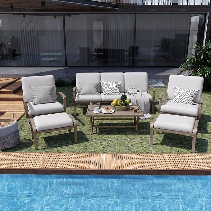 HAPPATIO 6 Piece Aluminum Patio Furniture Set, 3-Seat Outdoor Couch with Ottomans and Swivel Armchairs, All-Weather Outdoor Sectional Sofa with Comfortable Cushions and Coffee Table(Gray)