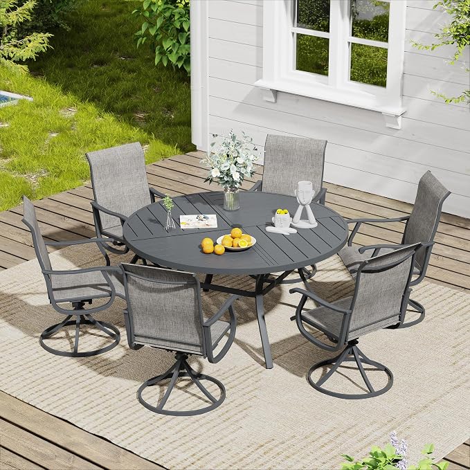 VICLLAX 47.2" Round Outdoor Table, Patio Dining Table for 6 with Umbrella Hole for Garden Lawn Deck Backyard, Dark Grey