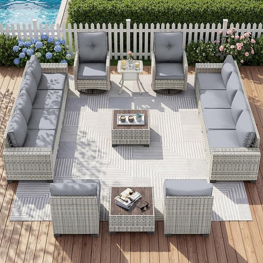 15-Piece Outdoor Patio Furniture Set with Rocking Swivel Chair Wicker Sectional Sofa Set, Patio Conversation Set with Thickened Cushions & Coffee Table for Garden, Backyard, Poolside, Grey