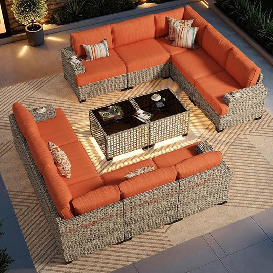 CAODOC Patio Furniture Sets 12 Pieces Outdoor Sectional Rattan Sofa Manual Weaving Wicker Patio Conversation Set with Ottomans and T Cushion(Red)