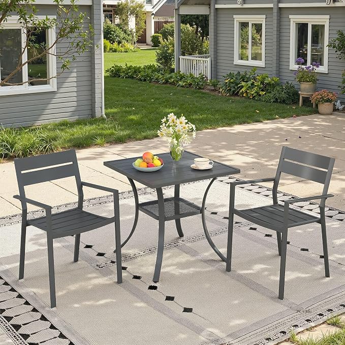 Small Patio Dining Set for 2, 27.5" Square Outdoor Dining Table and Chairs Set with Stackable Patio Chairs Outdoor Furniture for Garden Deck Backyard, Dark Grey Table and Grey Chairs