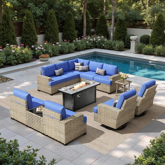 HOOOWOOO Sectional Patio Furniture Set with Fire Pit Table,12 Pieces Wicker Outdoor Furniture L Shaped Couch,Outside Conversation Set Extra Deep Sofa Wide Arm Swivel Chairs Solar Light,Navy Blue