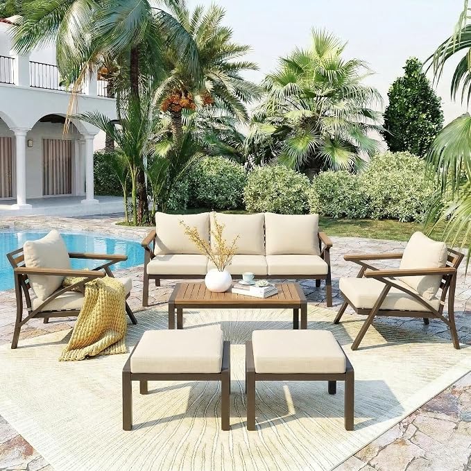 6-Piece Outdoor Patio Furniture Set,Steel Frame Sofa Set with 3-Seat Couch, 2 Armchairs,2 Ottomans & Acacia Wood Coffee Table, Cushioned Seating for Backyard, Garden,Poolside (Cream Beige#56)