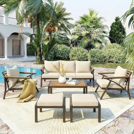 6-Piece Outdoor Patio Furniture Set,Steel Frame Sofa Set with 3-Seat Couch, 2 Armchairs,2 Ottomans & Acacia Wood Coffee Table, Cushioned Seating for Backyard, Garden,Poolside (Cream Beige#56)