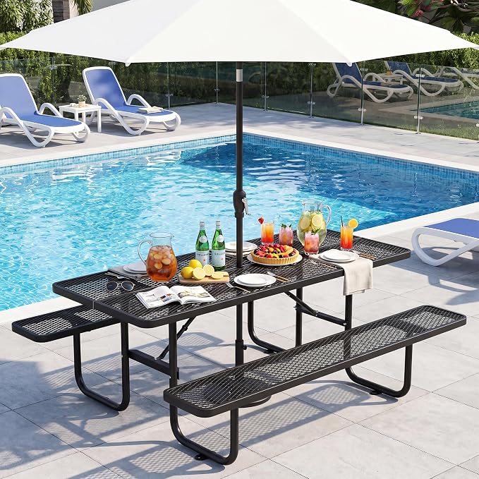 72" Outdoor Rectangular Picnic Table with Umbrella Hole, Heavy Duty Commercial Grade Steel Camping Table for Backyard Patio Deck, Weather-Resistant Black Metal Mesh
