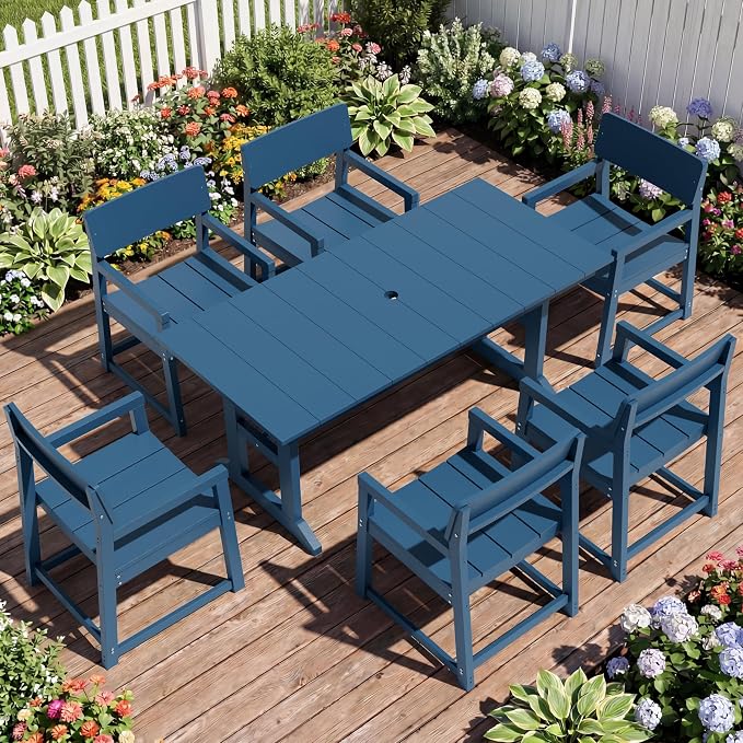 JAMFLY 7 Piece Outdoor Dining Set, All Weather Patio Table and Chairs for Backyard Garden Deck Lawn Pool, Sturdy All Weather Outdoor Furniture Set with Umbrella Hole, Blue