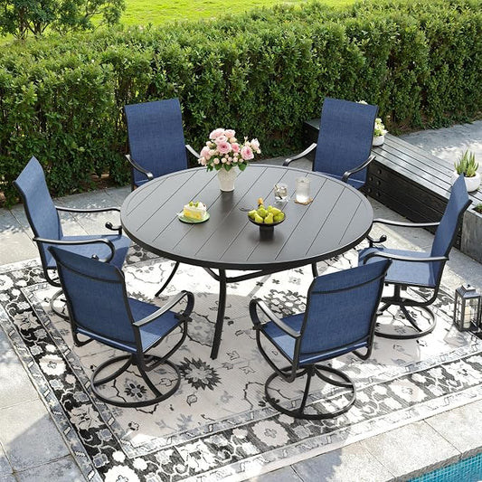 DIFY 7 Pieces Outdoor Dining Set for 6, Outdoor Furniture Set of 6 Blue Textilene Swivel Patio Chairs, 50" Black Round Metal Dining Table with Umbrella Hole, for Garden Deck Backyard