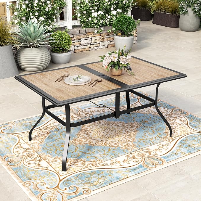 HERA'S HOUSE Patio Dining Table, 60"x38" Rectangle Outdoor Dining Table Top with Umbrella Hole and Metal Steel Frame for Lawn Garden Backyard