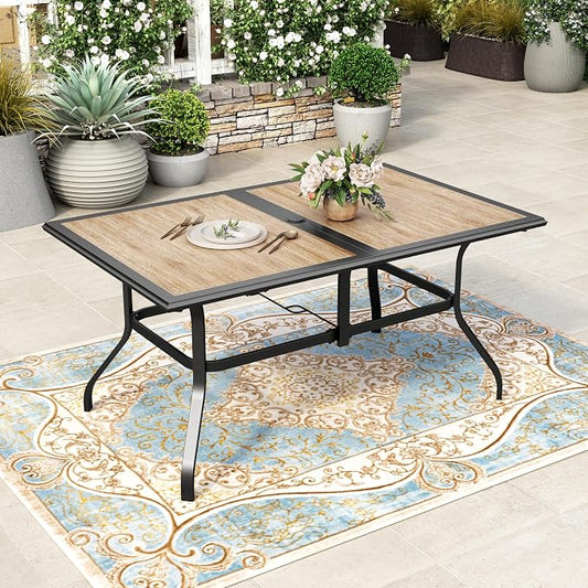 HERA'S HOUSE Patio Dining Table, 60"x38" Rectangle Outdoor Dining Table Top with Umbrella Hole and Metal Steel Frame for Lawn Garden Backyard