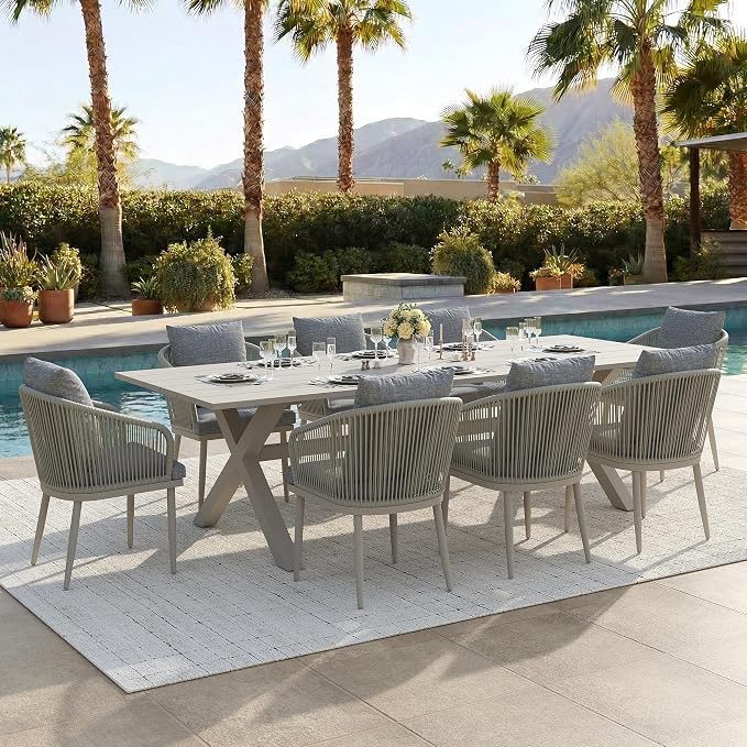 9-Piece Patio Dining Table Sets, Woven Wicker Dining Set with Rectangular Aluminum Table and Dining Chairs Modern Outdoor Dining Furniture Set for Outdoors and Indoors