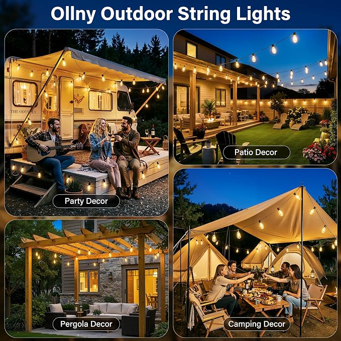 Ollny Outdoor String Lights 205FT, Shatterproof Connectable Patio Lights with 80 ST38 Vintage Edison LED Bulbs, 2200K Warm White Waterproof Outside Lights for for Backyard Porch Balcony Camping Bistro