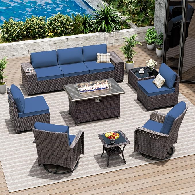 10 Pieces Patio Furniture Set with 2 Swivel Chairs Patio Furniture Outdoor Sectional Sofas with 55000 Gas Fire Pit Patio Conversation Set w/7 Cushions-Blue