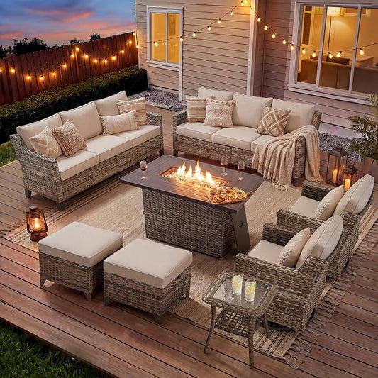 8 Pieces Patio Furniture Set with 42.5" Fire Pit Table-All Weather Wicker Outdoor Furniture with High Back Wicker Patio Chairs Set of 2 Outdoor Couch for Deck Backyard Gray/Beige