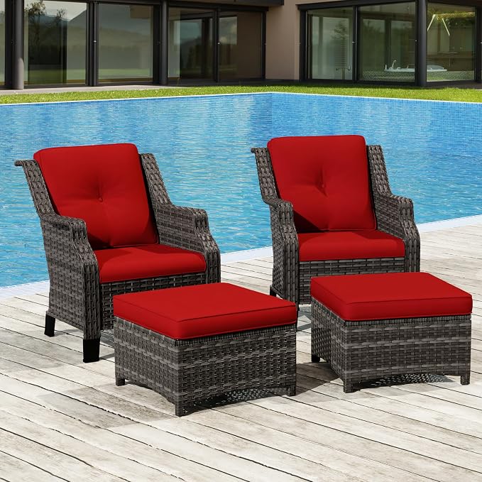 Wicker Patio Furniture Set - 4 Piece Rattan Outdoor Conversation Sets with 2 Wicker Patio Chairs,2 Ottomans for Garden, Backyard, Balcony and Deck