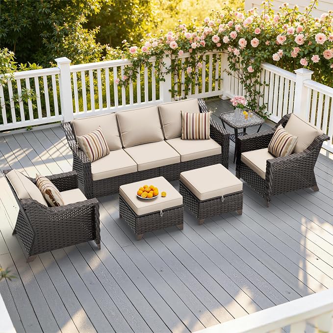 6 Pieces Patio Conversation Furniture Set - 1 Sofa, 2 Armchairs, 2 Ottomans, 1 Side Table, Outdoor Wicker Furniture with Removable Cushions for Porch, Balcony, Sunroom (Beige)