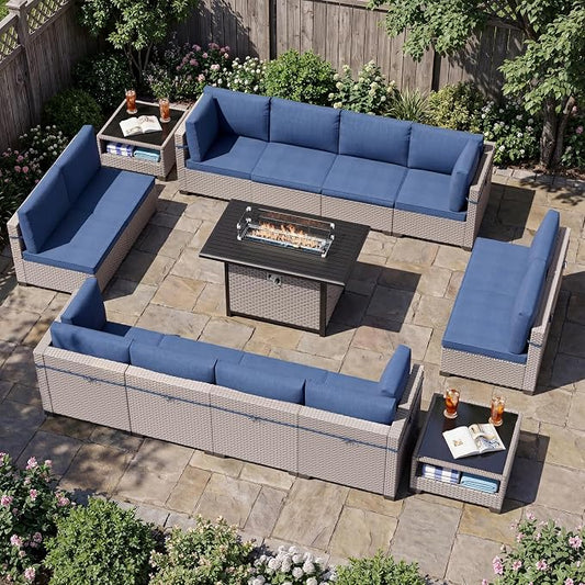 Patio Furniture Set, 15-Piece Outdoor Sectional Sofa with 60,000 BTU Fire Pit Table & 2-Layer Glass Coffee Table, Wicker Patio Conversation Set with Blue Cushions