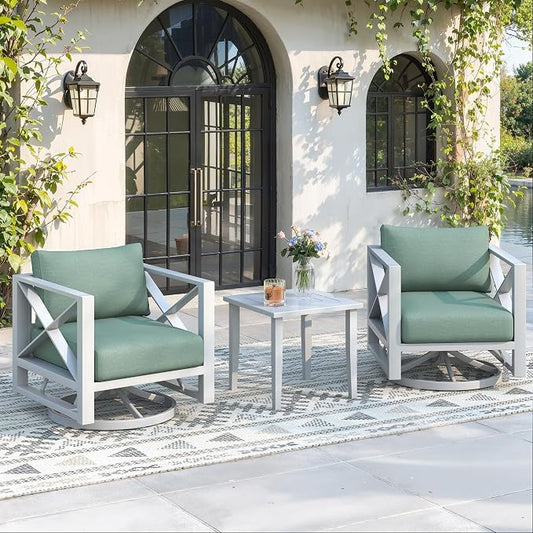 Outdoor 3-Pieces Aluminum Patio Furniture Set, Swivel Rocking Chairs with 5.2" Thick Cushions & Coffee Table, All-Weather Rust-Resistant Frame Conversation Set for Porch, Garden, Backyard, White