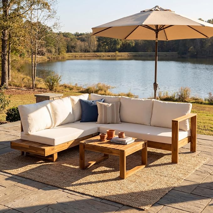 JIVOIT 4 Pieces Patio Conversation Set, Outdoor Acacia Wood Sectional Patio Sofa Set with Coffee Table, Slatted Design, Soft Cushions, Porch Furniture for Deck, Balcony, Backyard