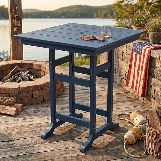 GarveeLife Outdoor Counter Height Bar Dining Table, HDPE Wood Grain Tall Bar Table – 39.6" High Square Pub Table, Cocktail Bistro Table Fits, for Patio, Garden, Poolside, Balcony & Yard (Navy Blue)