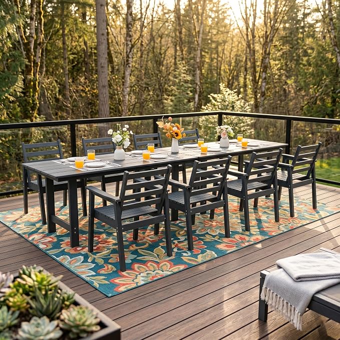 10-Piece Outdoor Dining Set, All-Weather HDPE Patio Furniture, Two 66.5" Slatted Table with 1.6" Umbrella Hole & 8 Ergonomic Armchairs, Heavy Duty 350lbs Capacity, UV Resistant, Gray
