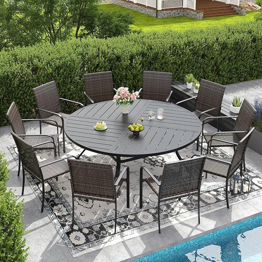 DIFY 11 Piece Outdoor Dining Set for 10, 63" Black Round Metal Dining Table with Umbrella Hole and Stackable Wicker Patio Chairs, All-Weather Patio Table and Chairs Set for Deck Garden Backyard