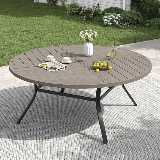 VICLLAX 60" Round Patio Table with Umbrella Hole, All Weather Metal Outdoor Dining Table for 8, Outside Table for Lawn Garden, Grey Wood-Grain Finish