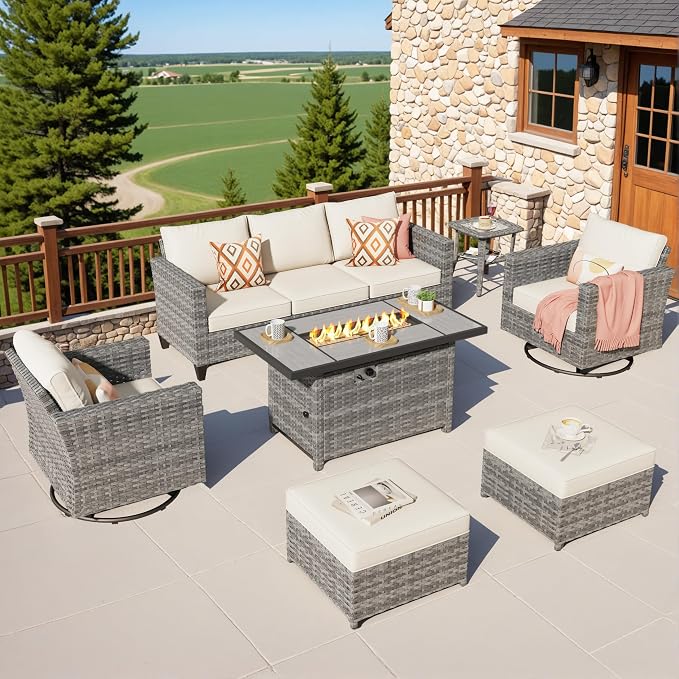 ovios 7 Pieces Patio Furniture Set with Rectangular Fire Pit Table, Swivel Rocking Chairs, Outdoor High Back Wicker Rattan Conversation Set for Deck Porch, Beige