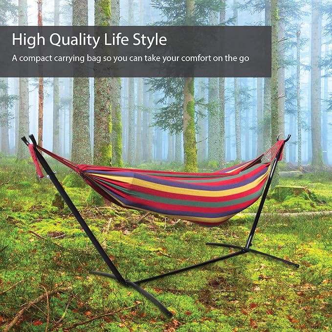 Mototeks Double Hammock with Steel Stand and Carry Bag for Garden Deck Yard Campsite Indoor Outdoor Use Comfort Durability Striped Large Hanging Chair (Red)