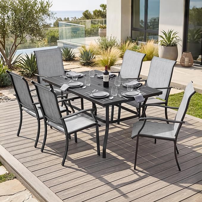 NUU GARDEN 7-Piece Patio Dining Set for 6, Outdoor Dining Table Set with Breathable Textilene Chairs, Weather-Resistant Metal Table with Umbrella Hole for Garden Poolside, Gray and Black