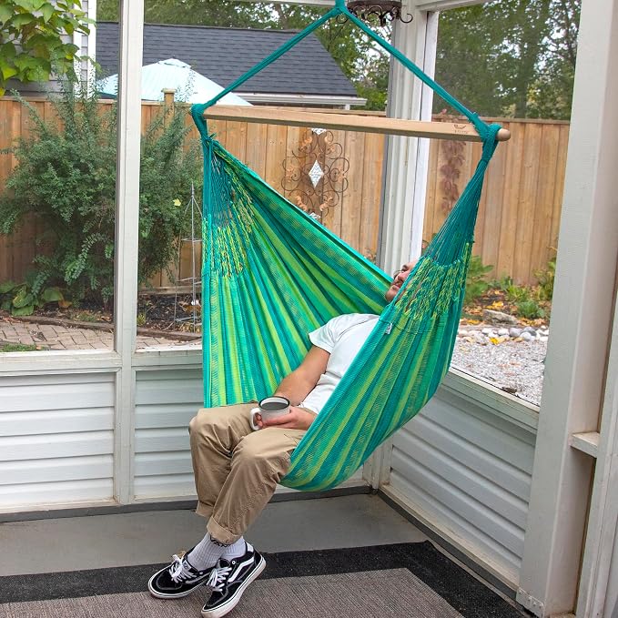 Vivere Cotton Double Wide Hammock Chair - Soft, Durable, Easy Setup with Wood Spreader Bar - 330 lb Capacity (Viridis)