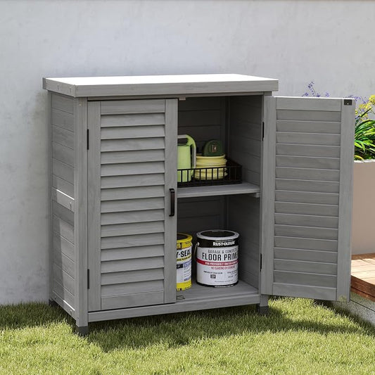 Wooden Outdoor Storage Cabinet, Bar Table Cabinet with Storage, Buffet Sideboard for Patio, Garden, Potting Bench, TV Stand, Balcony, Grey2