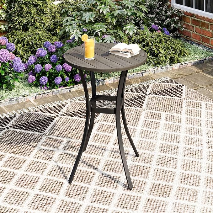 DIFY Patio Bar Height Table, Grey Wood-Like 28" Round Outdoor Pub Table with 1.57" Umbrella Hole for Bistro, Garden, Poolside and Balcony