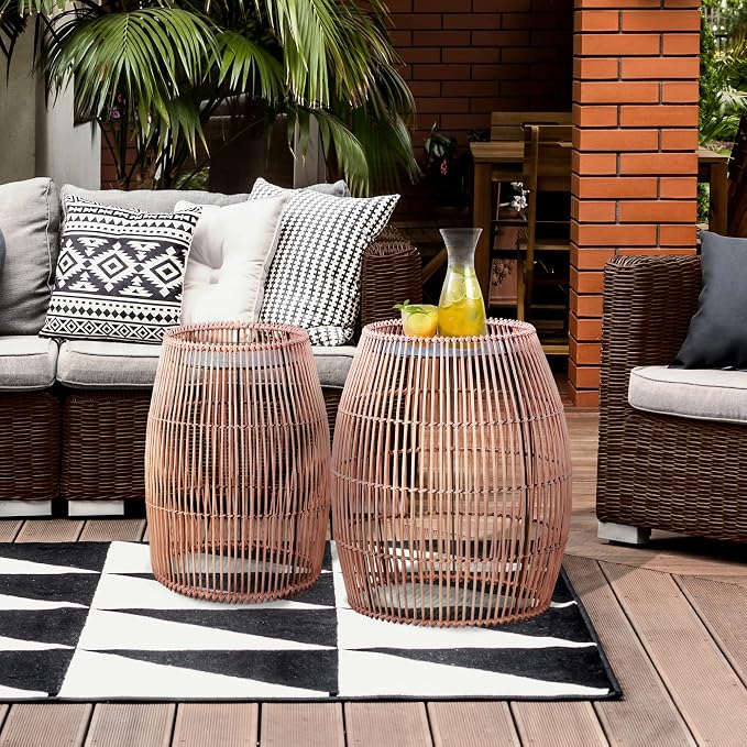 Teamson Home 20.24" Outdoor Open Weave Bohemian Bamboo Drum Side Table with Iron Top, Brown | Outdoor Water-Resistant, Open Weave Bohemian, Iron Top