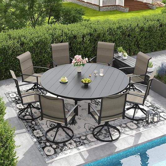 DIFY 9 Piece Outdoor Patio Dining Set for 8, 63" Black Round Metal Dining Table and Swivel Patio Chairs with Brown Padded Textilene, All-Weather Outdoor Furniture Set for Garden Backyard Porch
