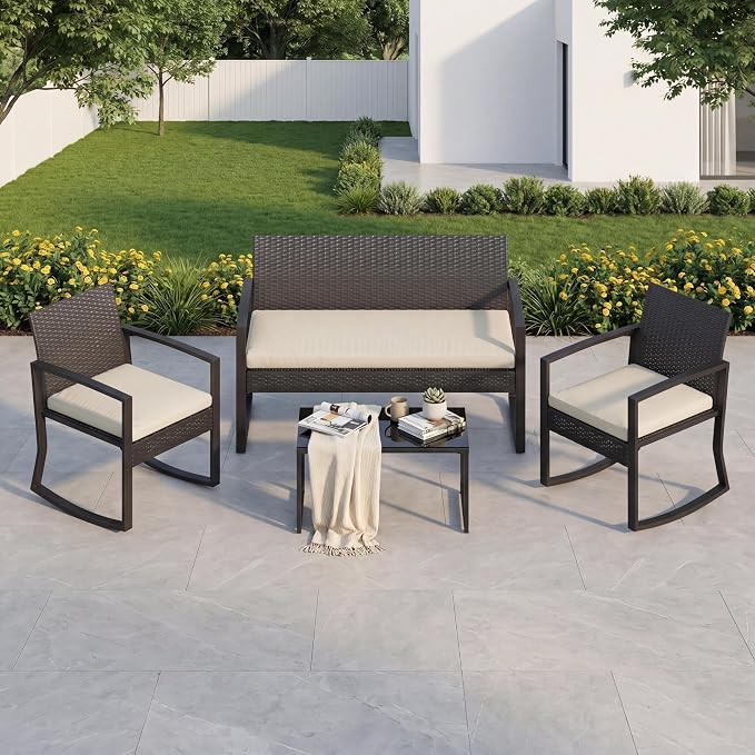 IDEALHOUSE 4 Piece Outside Patio Furniture Set, Outdoor Wicker Rocking Chair Conversation Set with Glass Coffee Table, PE Rattan Patio Furniture for Backyard, Porch, Patio, Poolside