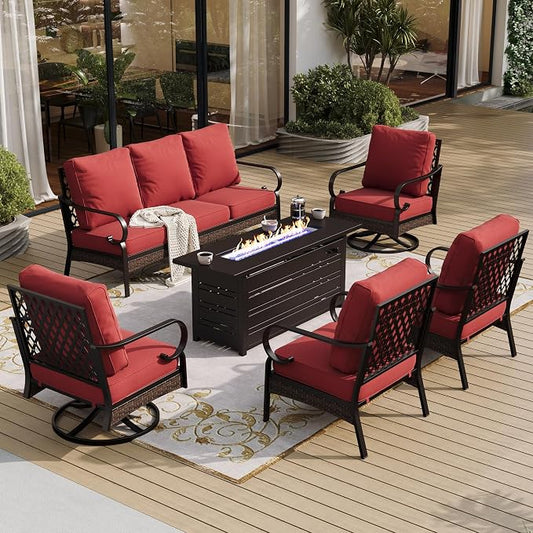 SUNSHINE VALLEY 6 Piece Metal Outdoor Patio Furniture Sets with Firepit Table, Patio Conversation Sets 1 3-Seater Sofa, 2 Leg Sofa and 2 Swivel Chair with 5.75" Cushion for Backyard Deck, Rust Red