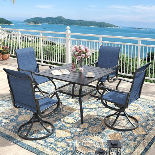 Outdoor Dining Set for 4, 37.8" Metal Outdoor Dining Table with Umbrella Hole and Sling Patio Swivel Chairs, 5 Pieces Patio Table and Chairs Set for Backyard, Dark Blue and Black