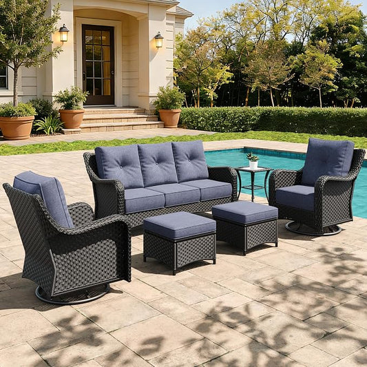 6 Pieces Outdoor Furniture Set with 6-inch Cushions, High Back Wicker Swivel Rocker Chairs with Coffee Table, Luxury Conversation Set for Deck Patio and Poolside
