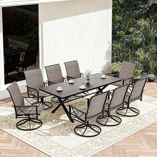 Gotland 9 Piece Outdoor Dining Set, Metal Outdoor Table and Chairs with X-Shaped Legs 1.5" Umbrella Hole, Patio Furniture Set with 8 Teslin Swivel Chairs, Patio Dining Sets for Backyard Deck Brown