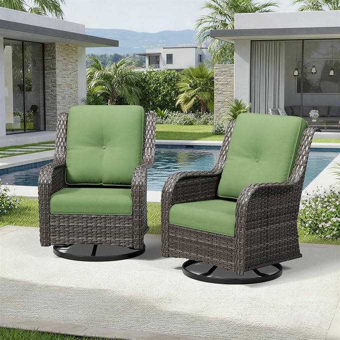 Joyside Swivel Patio Chairs Set of 2, Wicker Patio Furniture with High Back, Deep Seating, Wide Armrest, Thickened Cushions, Outdoor Rattan Furniture for Deck, Porch Use