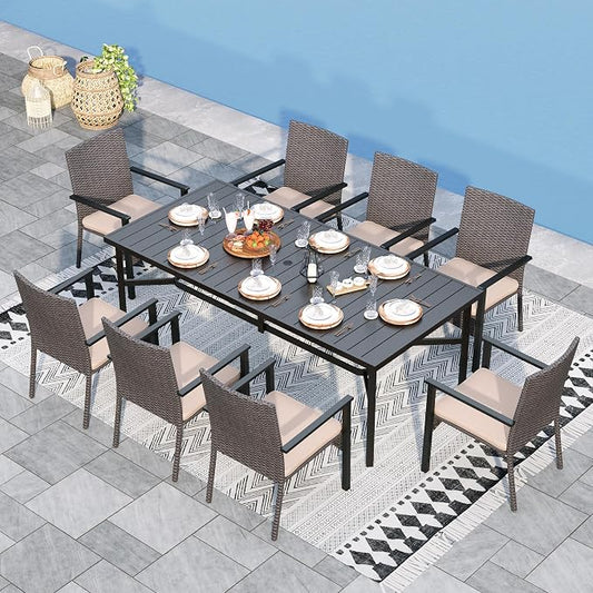Sophia & William 9 Pieces Patio Dining Set for 8, Outdoor Table and Rattan Chairs Set, 83" L Extra Large Rectangular Table, 1.8" Umbrella Hole, Beige Removable Seat Cushions
