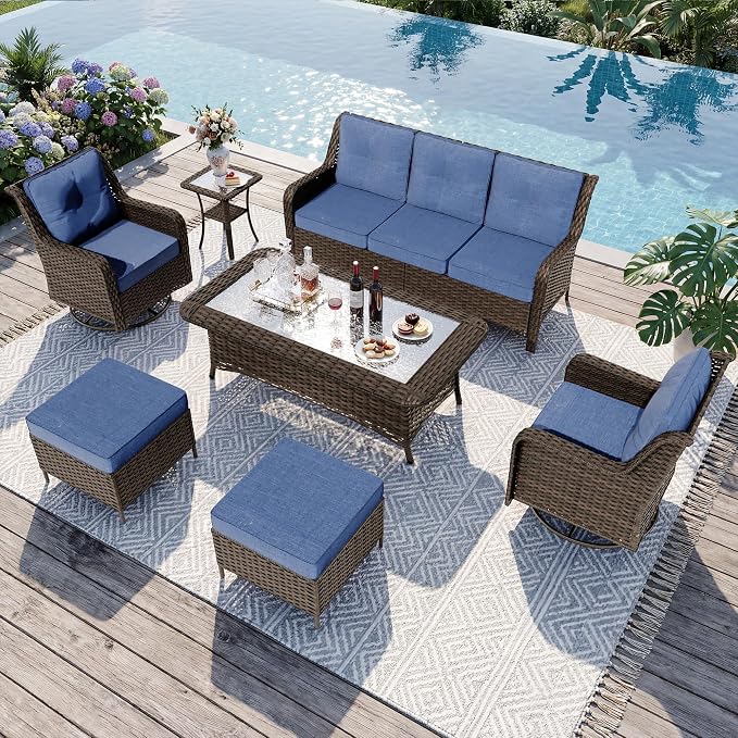 Gotland 7-Pcs Patio Conversation Set, Outdoor Thick Wicker Sectional Sofas with 2 Swivel Rocker Chairs, High Back Sectional Couch, Outdoor Furniture Set for Backyard, Deck, Porch, Navy Blue